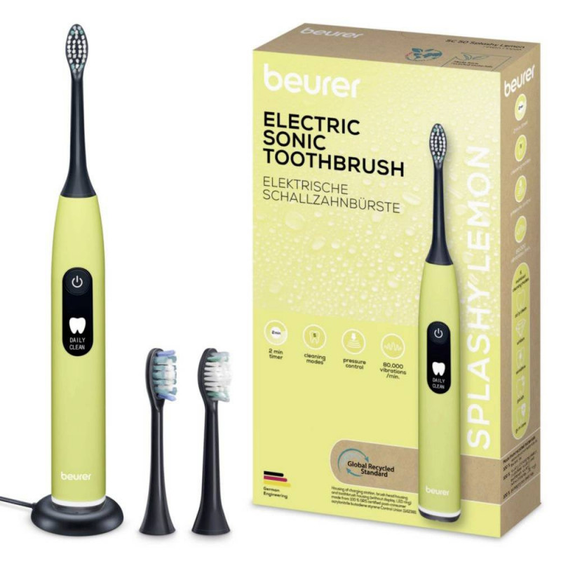 Beurer SC 50 Electric Sonic Toothbrush, 80,000 rpm, 5 modes, timer, 22-day battery life, LED display, Type-C + magnetic charging plate, Yellow