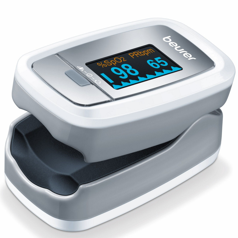 Pulsoximetru medical pentru deget Beurer PO 30, SpO₂, Puls, Fara sange si fara durere, OLED, Afisaj grafic, CE, IP22, Gri / Alb