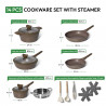 Just Perfecto JL-26 Cookware Set, 14 pcs, Cast Iron, Marble Coating, Induction Compatible, Steamer, Accessories, Brown