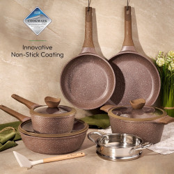 Just Perfecto JL-26 Cookware Set, 14 pcs, Cast Iron, Marble Coating, Induction Compatible, Steamer, Accessories, Brown
