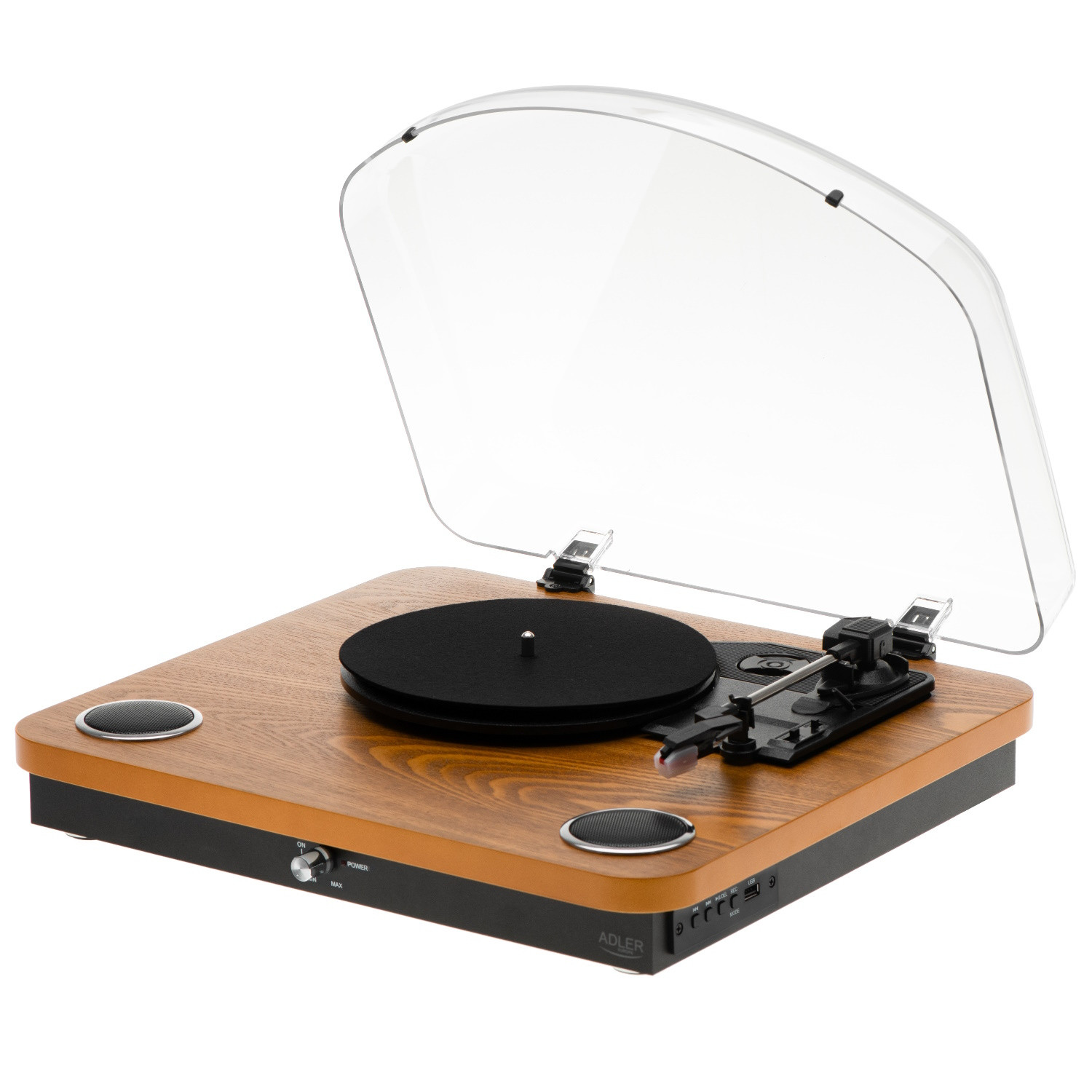 Pick-up cu difuzoare incorporate Adler AD 1914, Semiautomat, 7"/10"/12", Adaptor 45 RPM, RCA, Bluetooth 5.4, USB Inregistrare, Lemn / Negru