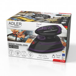 Adler AD 5049 Travel Steam Iron, 420W, 30 ml, Ceramic Soleplate, Steam and Dry Ironing, Black/Purple