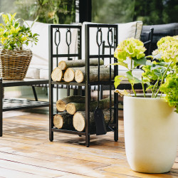 Ράφι για καυσόξυλα με εργαλεία Adler AD 6815, Μέχρι 80 κιλά, Δύο ράφια, Ατσάλινη κατασκευή, Μαύρο