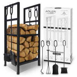 Adler AD 6815 Firewood Rack with Tools, Up to 80 kg, Two Shelves, Steel Construction, Black