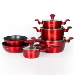 Σετ κατσαρόλες και τηγάνια Royalty Line FD10, 10 τεμαχίων, Χυτό αλουμίνιο, επίστρωση μαρμάρου Greblon, Επαγωγή, Κόκκινο
