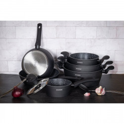 Set oale si tigai Royalty Line FD10, 10 piese, Aluminiu turnat, Acoperire din marmura Greblon, Inductie, Negru