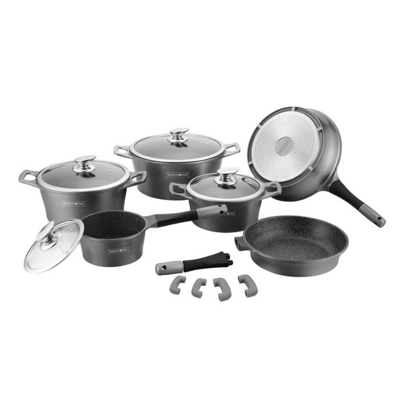 Royalty Line RL-ES1014M Silver Cookware Set, Cast Aluminum, 14 Pieces, Marble Finish, Silver