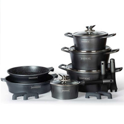Royalty Line RL-ES1014M Silver Cookware Set, Cast Aluminum, 14 Pieces, Marble Finish, Silver