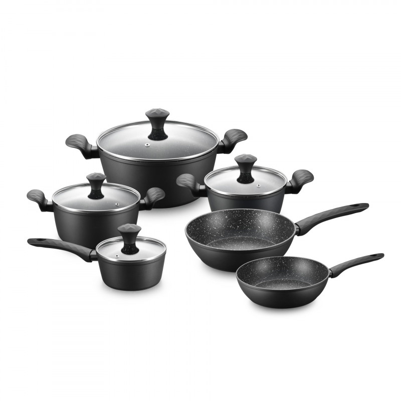 Set oale si tigai Royalty Line FD10, 10 piese, Aluminiu turnat, Acoperire din marmura Greblon, Inductie, Negru