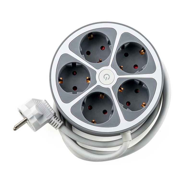 Раклонител кръг Muhler 1006181, 3680W, 5 гнезда, Ключ, H05VV-F, 1.5 м, IP20, 16A, Бял/сив