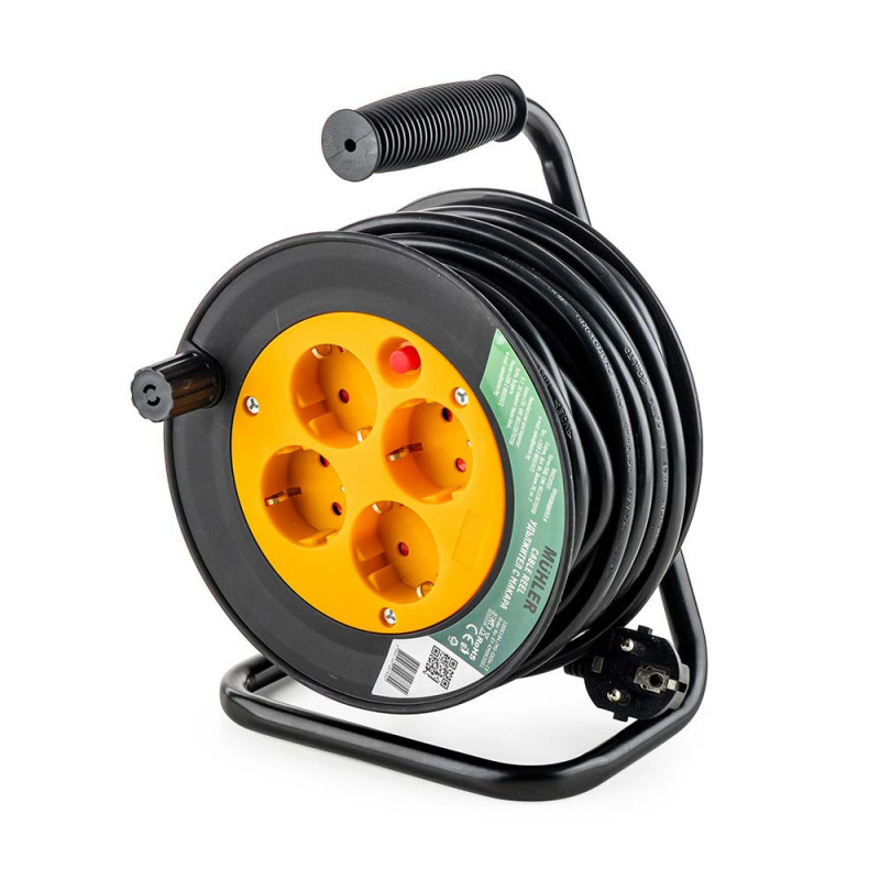 Удължител с макара Muhler 1006184, 3200W, 4 гнезда, 15 м, H05VV-F, IP20, Детска защита, Черен