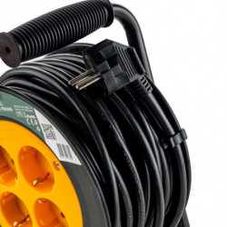 Удължител с макара Muhler 1006184, 3200W, 4 гнезда, 15 м, H05VV-F, IP20, Детска защита, Черен