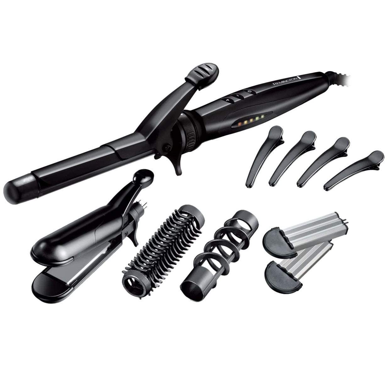 Мултифункционална маша/преса за прически Remington S8670, 4 приставки, 200°C, Антистатична, Керамично покритие, Черен