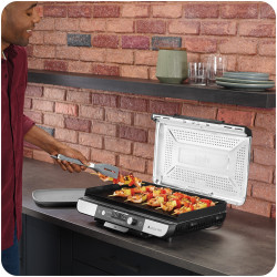 Elektromos grill Ninja Sizzle Pro XL GX101EU, 1800W, 120°-260°C, 2 kerámia plochi, 10 hamburger, ProTemp IQ, Swalajem kapak, Ceren/Inox