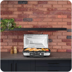 Grătar electric Ninja Sizzle Pro XL GX101EU, 1800W, 120°-260°C, 2 pliante ceramice, 10 burgeri, ProTemp IQ, Capac de schimb, Ceren/Inox