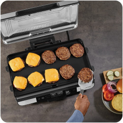 Elektromos grill Ninja Sizzle Pro XL GX101EU, 1800W, 120°-260°C, 2 kerámia plochi, 10 hamburger, ProTemp IQ, Swalajem kapak, Ceren/Inox