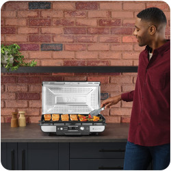 Електрически грил Ninja Sizzle Pro XL GX101EU, 1800W, 120°-260°C, 2 керамични плочи, 10 бургера, ProTemp IQ, Сваляем капак, Черен/инокс