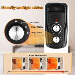 Sailnovo NSC-250-11F1 olajradiátor, 2500W, 11 lamella, 30 m2, 3 fokozat, 360 lengőkerekek, 10-35C, fehér