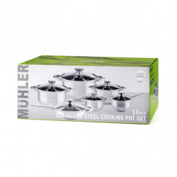 Set de oale Muhler MR-1242, 12 piese, Otel inoxidabil, Fund in trei straturi, Manere reci, Capace din sticla, Inductie, Argintiu