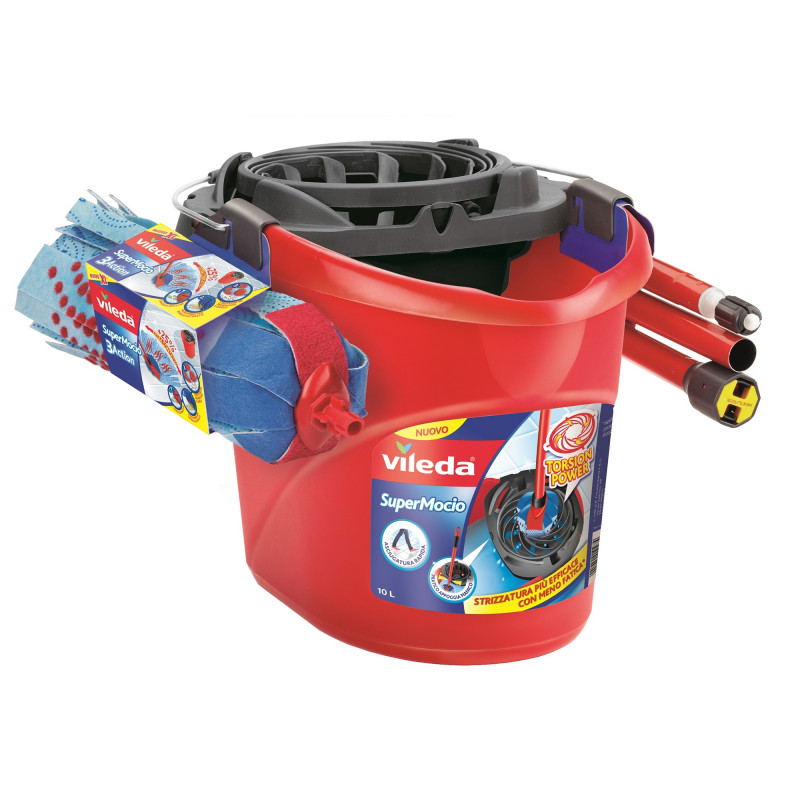 Set de curățat podele Vileda Super Mocio, 3 bucăți, 10 l, mecanism de scurgere, roșu