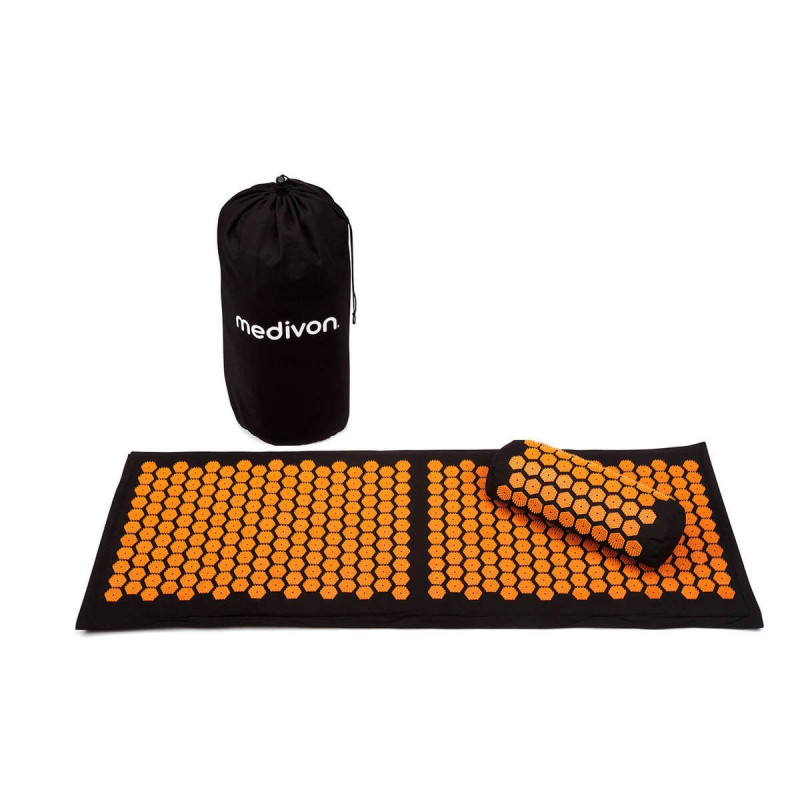 Medivon Chronos Acupressure Mat, 23 x 48 cm, Hypoallergenic, Improves blood circulation and sleep, Relieves muscle tension, +Carry Bag, Black/Orange