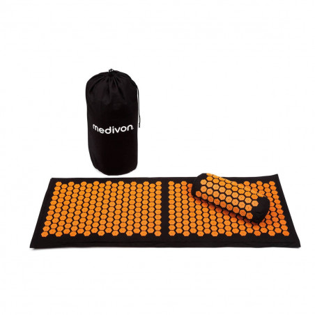 Medivon Chronos Acupressure Mat, 23 x 48 cm, Hypoallergenic, Improves blood circulation and sleep, Relieves muscle tension, +Carry Bag, Black/Orange