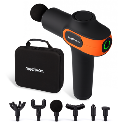 Pistol de masaj Medivon Gun Vital, 18W, Percutie/ masaj cu vibratii, 6 masaje, Incalzire, Drenaj limfatic, Negru / portocaliu