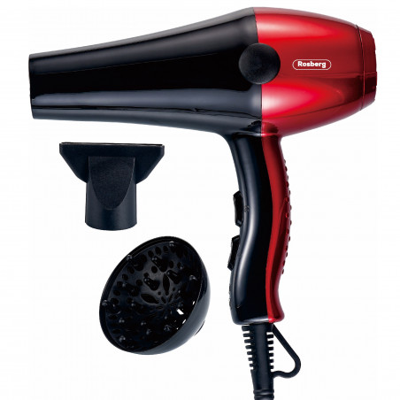 Rosberg R51100SD Hair Dryer with Diffuser, 2000W, 3 heat settings, 2 speed settings, DC motor, Black/Red