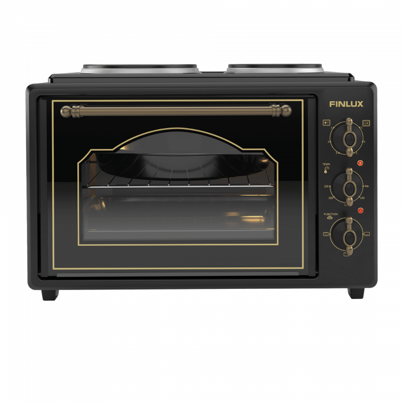 Finlux FMC-9705GB Compact Stove, 1600W, 45 L, Two Burners, Glass Door, Soft-Close, Retro Design, Black