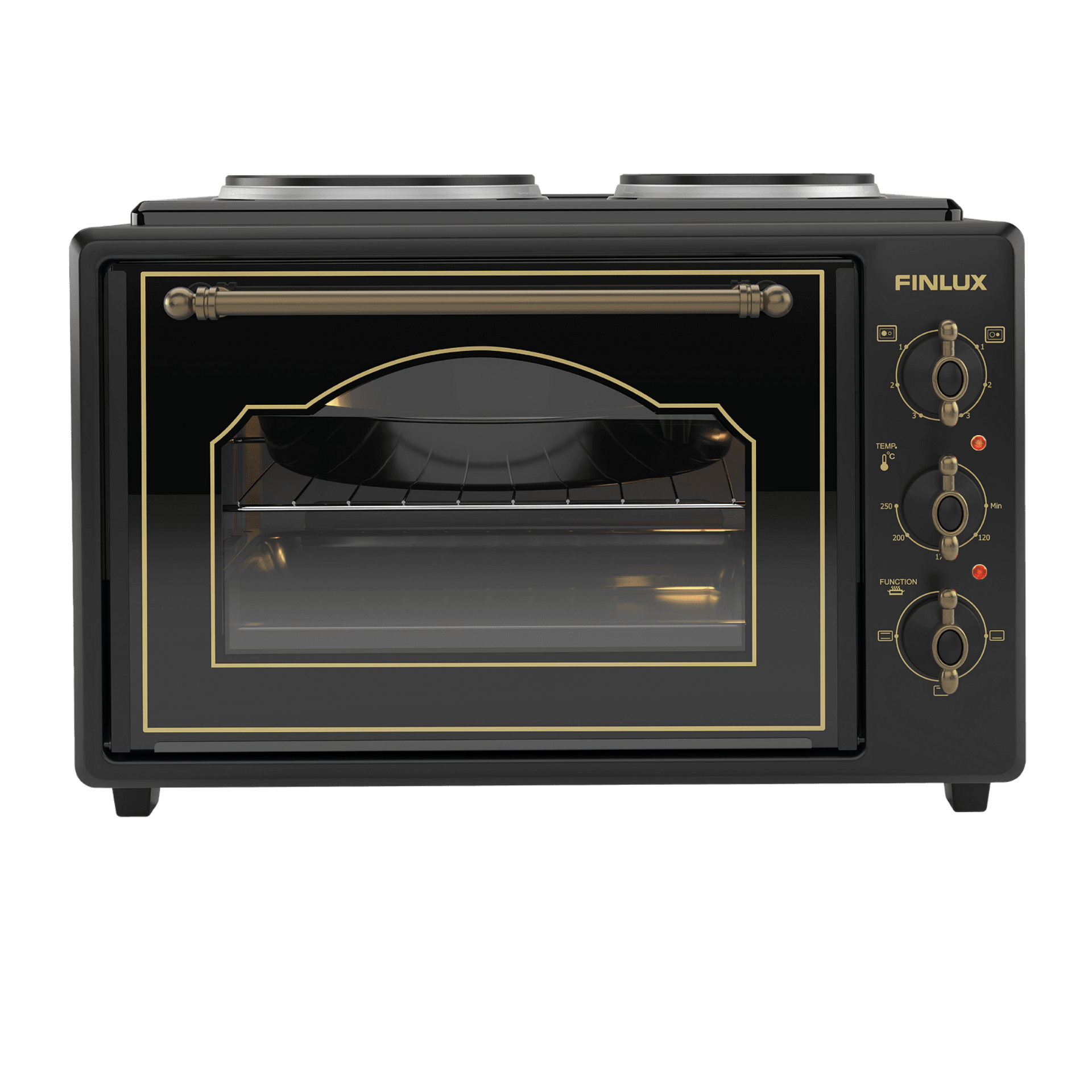 Малка готварска печка Finlux FMC-9705GB, 1600W, 45 л, Два котлона, Стъклена врата, Плавно затваряне, Ретро дизайн, Черен