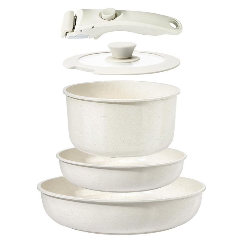 Set oale și tigăi cu mâner detașabil Goldmann GM-1005, 5 piese, Inducție, Finisaj marmură, Bej