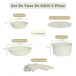 Set oale și tigăi cu mâner detașabil Goldmann GM-1005, 5 piese, Inducție, Finisaj marmură, Bej