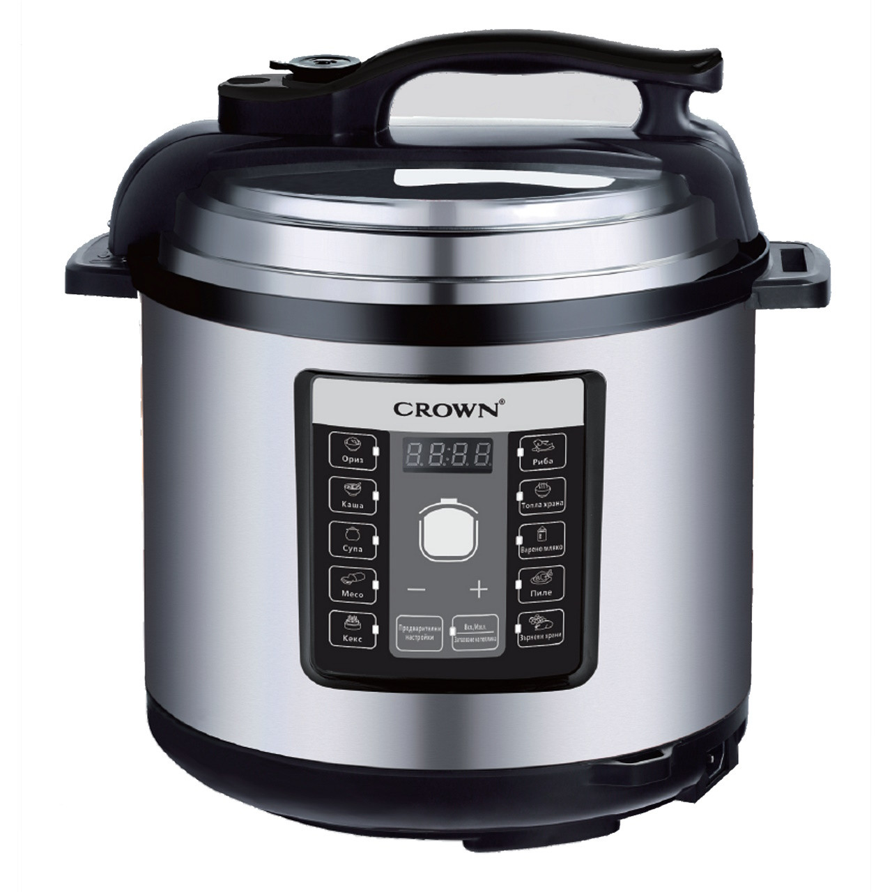 Мултикукър под налягане Crown CPC-506BF, 1000W, 6 л, 11 програми, 95 kPa, Отложен старт, Таймер, LCD, Сребрист/черен
