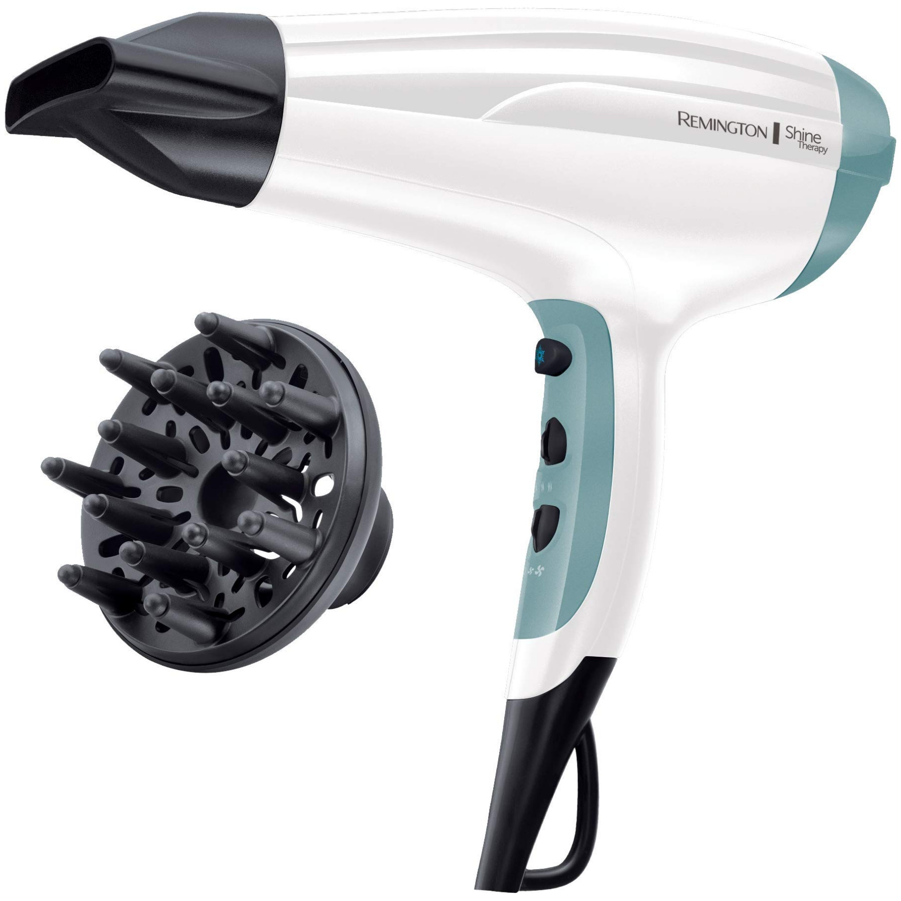 Uscator de par Remington D5216, 2300W, Functie de ionizare, 2 viteze, 3 temperaturi, Difuzor/concentrator, Alb