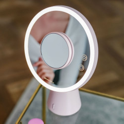 Smart Moon LED Cosmetic Lighted Mirror, 10x Magnification, Warm/Neutral/Cool Light, Adjustable Brightness, Bluetooth Speaker, Pink