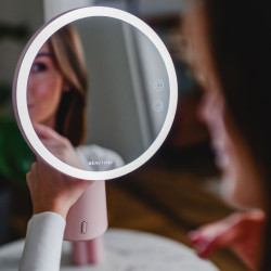 Светещо козметично огледало Smart Moon LED Cosmetic, 10x увеличение, Топла/неутрална/студена светлина, Регулируема яркост, Bluetooth високоговорител, Розов