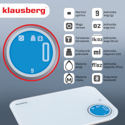 Cantar de bucatarie Klausberg KB 7938, 5 Kg, Bluetooth, Aplicatie mobila, LCD, Tare, 4 indicatori, Lichide, Indicatori, Alb/albastru