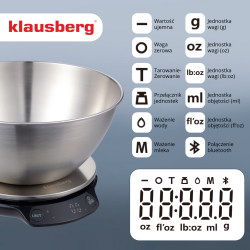 Klausberg KB 7939 Kitchen Scale with Bowl, 5 kg, Bluetooth, Mobile App, LED, TARE, Liquids, 4 Nutritional Values, Stainless Steel
