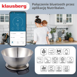 Klausberg KB 7939 Kitchen Scale with Bowl, 5 kg, Bluetooth, Mobile App, LED, TARE, Liquids, 4 Nutritional Values, Stainless Steel