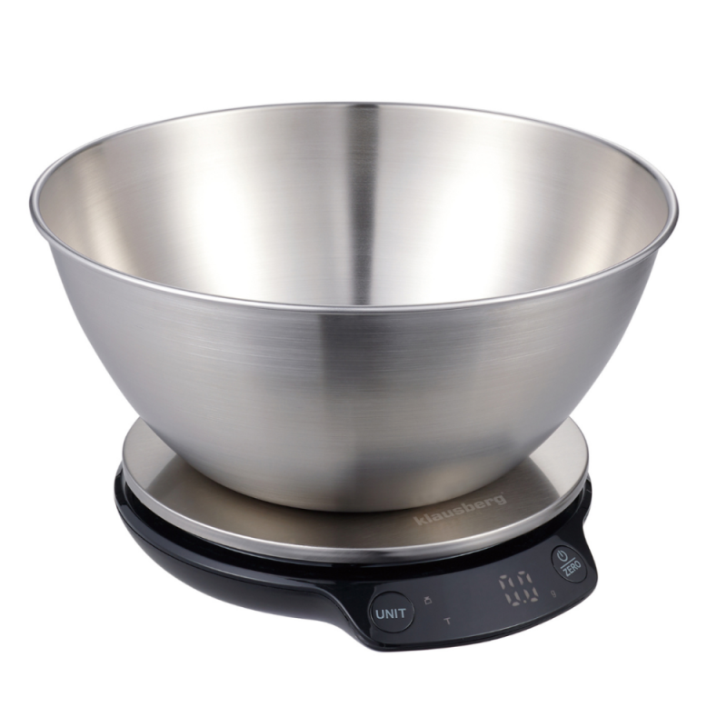 Кухненска везна с купа Klausberg KB 7939, 5 Kg, Bluetooth, Мобилно приложение, LED, ТАРА, Течности, 4 хранителни стойности, Инокс