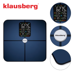 Cantar digital Klausberg KB 7940, 180 Kg, BIA, LCD, Bluetooth, 12 indicatori, Sticlă călită, Albastru închis