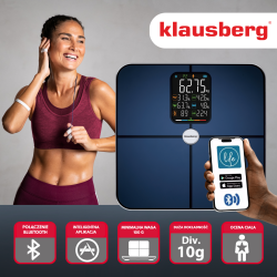 Дигитален кантар Klausberg KB 7940, 180 Kg, BIA, LCD, Bluetooth, 12 показателя, Закалено стъкло, Тъмносин