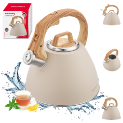 Klausberg KB 7954 Whistling Kettle, 2.5 L, Stainless Steel, Heat-Insulated Handle with Wood-Effect Finish, Induction Compatible, Beige/Brown