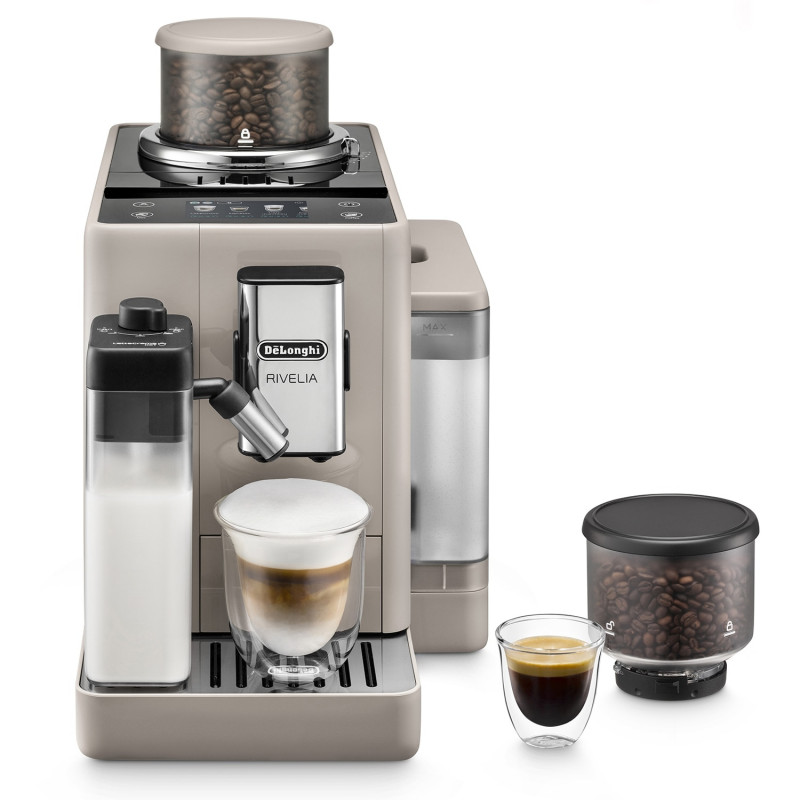 Еспресо машина DeLonghi Rivelia Sand Beige EXAM440.55.BG, 1450W, 19 bar, 1.4l, Тъчскрийн TFT, Twin Shot, Bean Adapt, LatteCrema Hot, 16 напитки, Бежов