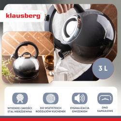 Klausberg KB 7955 Whistling Kettle, 3 L, Insulated Handle, Multi-layer Base, Induction Compatible, Dark Graphite
