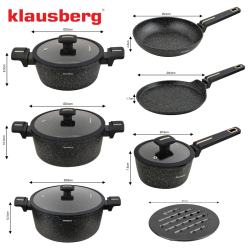 Klausberg KB 7966 Cookware Set, 12 pieces, Cast iron, Non-stick marble coating, Induction compatible, Black