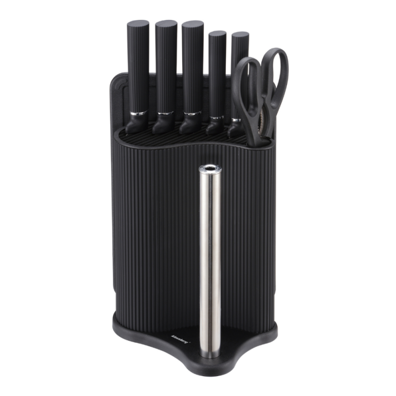 Set cuțite Klausberg KB 7977, 8 piese, Oțel inoxidabil, Suport, Suport hârtie de bucătărie, Negru