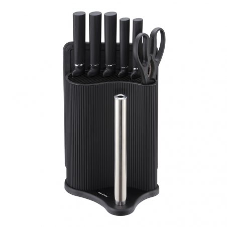 Комплект ножове Klausberg KB 7977, 8 части, Неръждаема стомана, Стойка, Държач за кухненска хартия, Черен