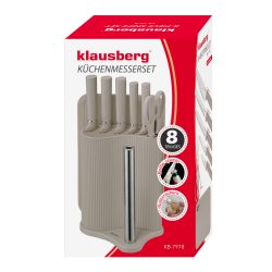 Комплект ножове Klausberg KB 7978, 8 части, Неръждаема стомана, Стойка, Държач за кухненска хартия, Бежов