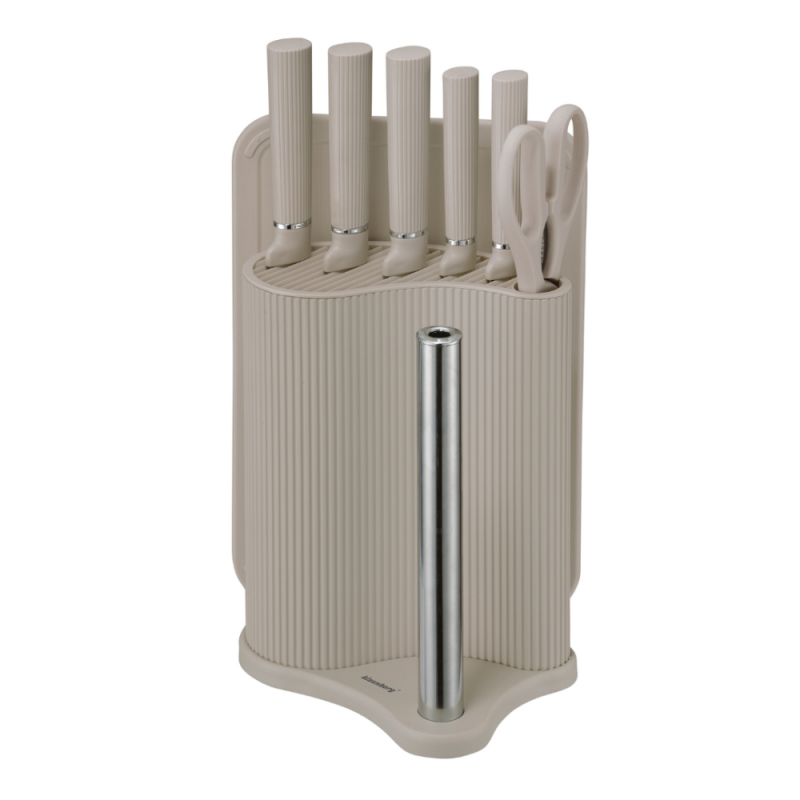 Set cuțite Klausberg KB 7978, 8 piese, Oțel inoxidabil, Suport, Suport hârtie de bucătărie, Bej